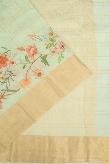 Linen Checks And Printed Pastel Green Saree