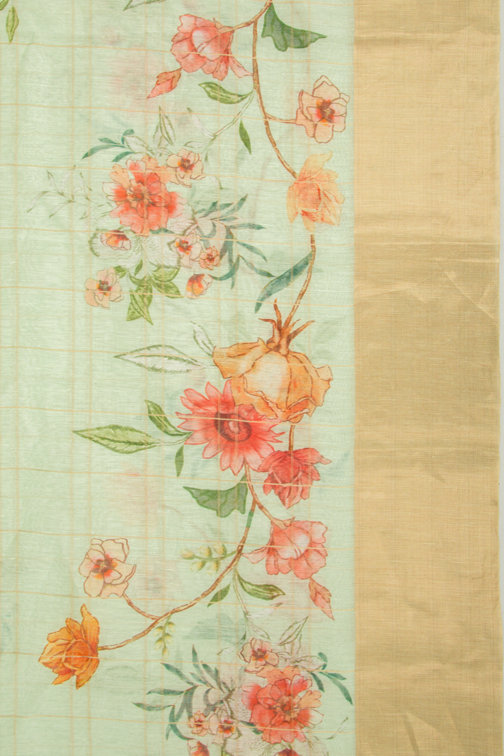 Linen Checks And Printed Pastel Green Saree