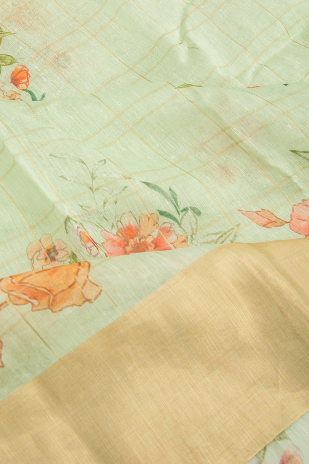 Linen Checks And Printed Pastel Green Saree