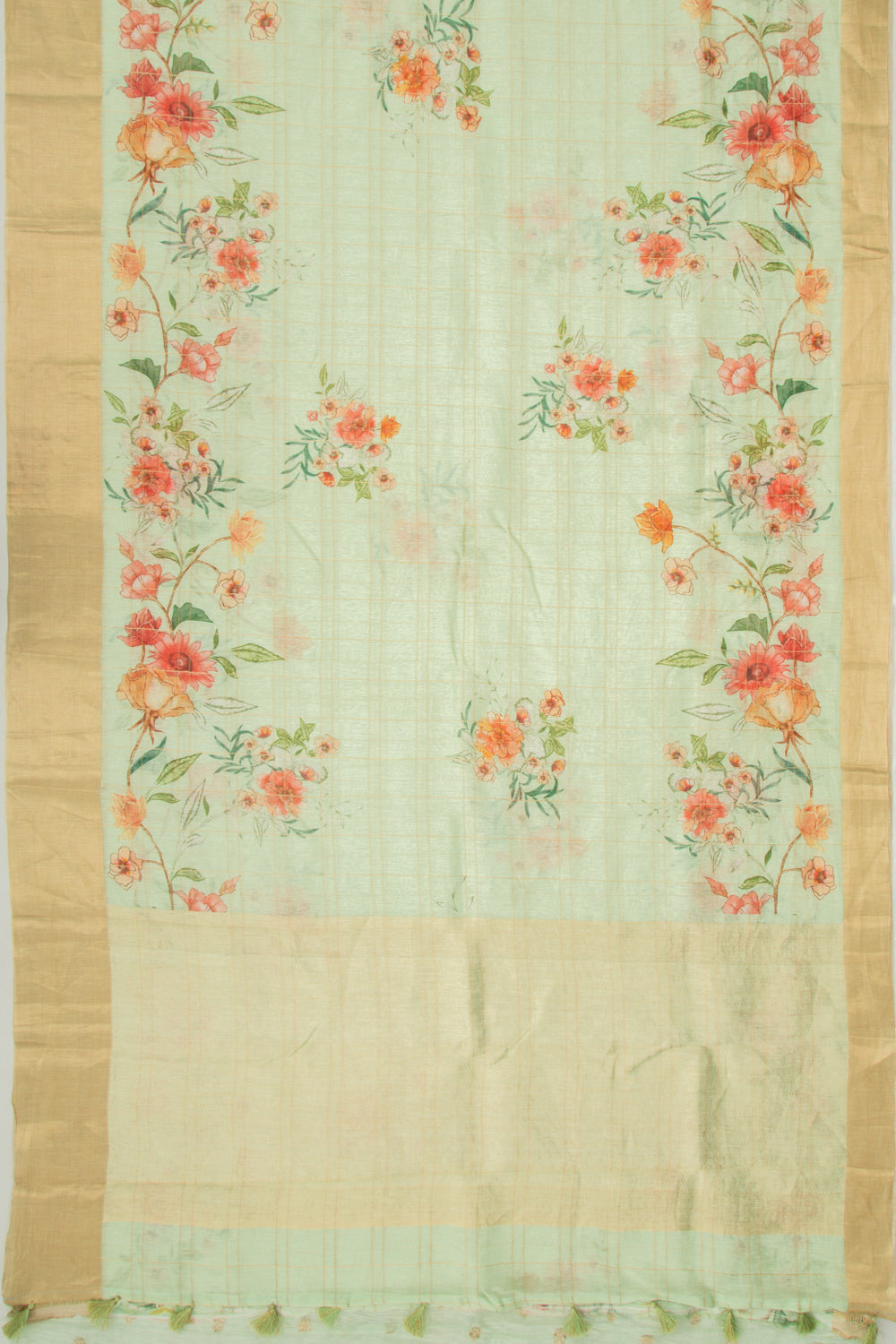 Linen Checks And Printed Pastel Green Saree