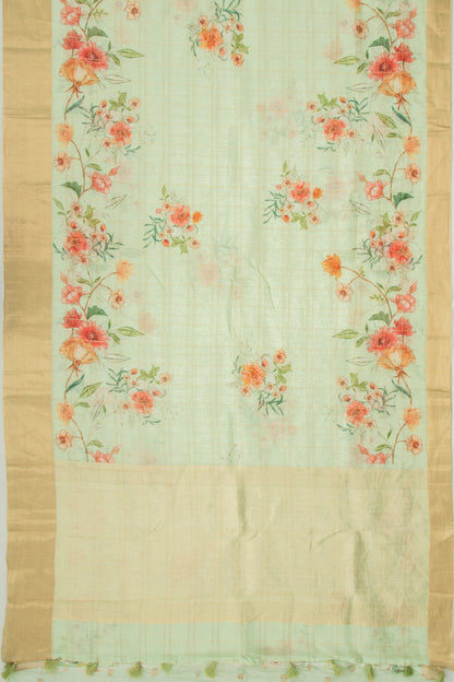 Linen Checks And Printed Pastel Green Saree
