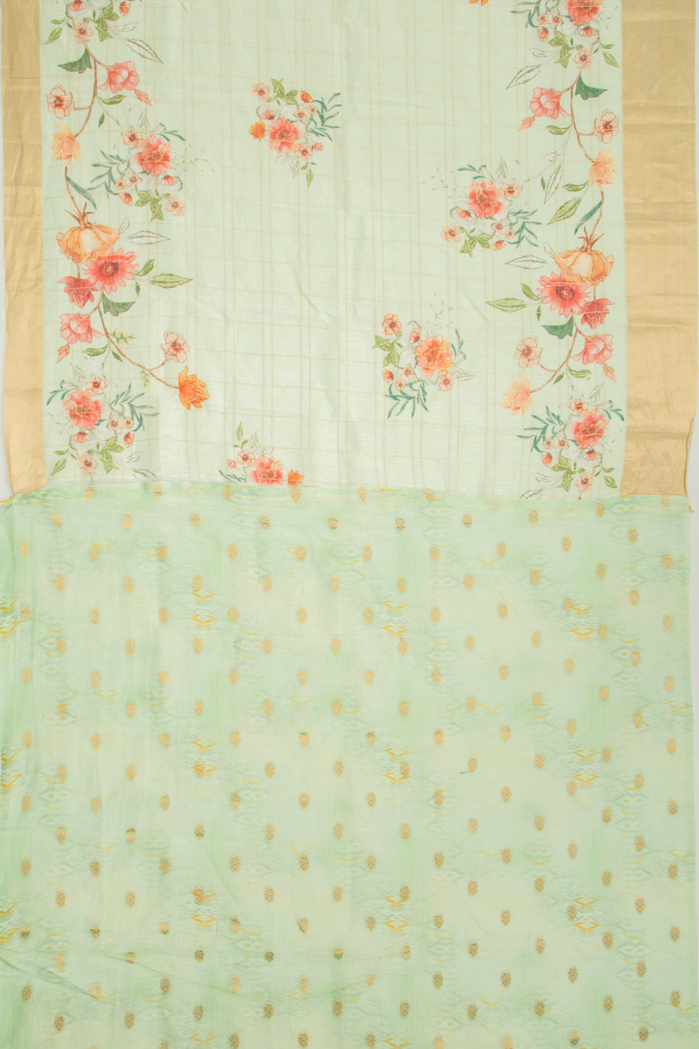 Linen Checks And Printed Pastel Green Saree