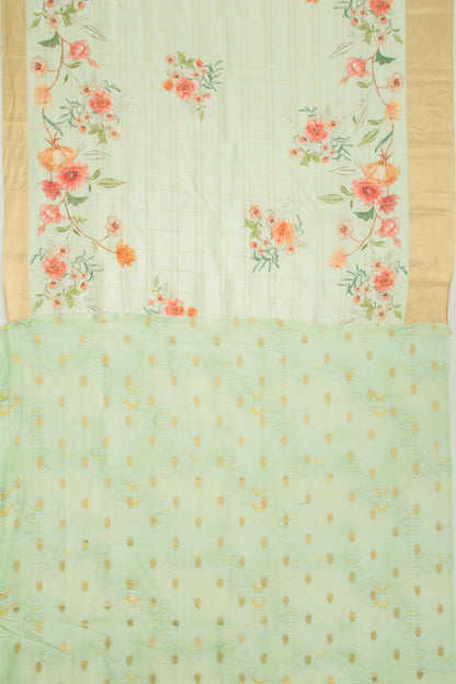 Linen Checks And Printed Pastel Green Saree