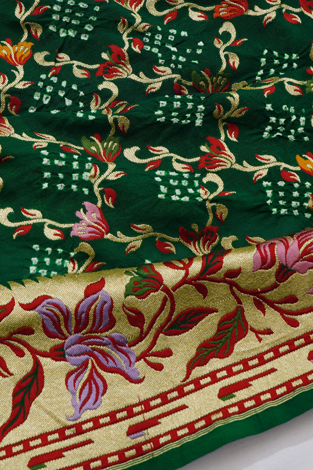 Banarasi Georgette Bandhani Jaal Dark Green Saree