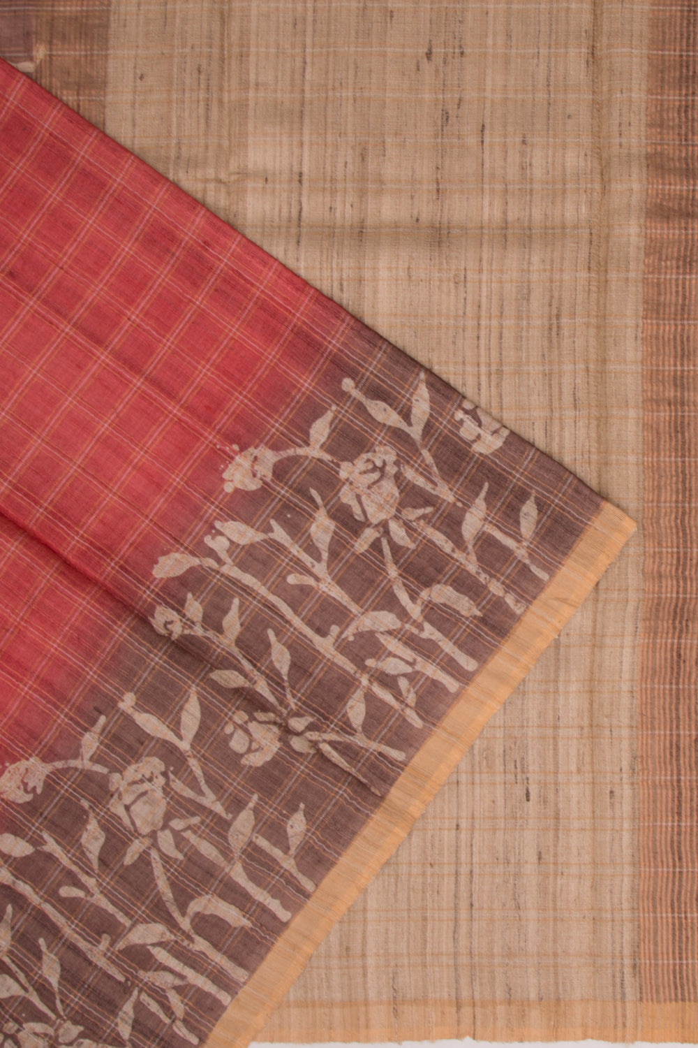 Tussar Checks Brick Red Saree