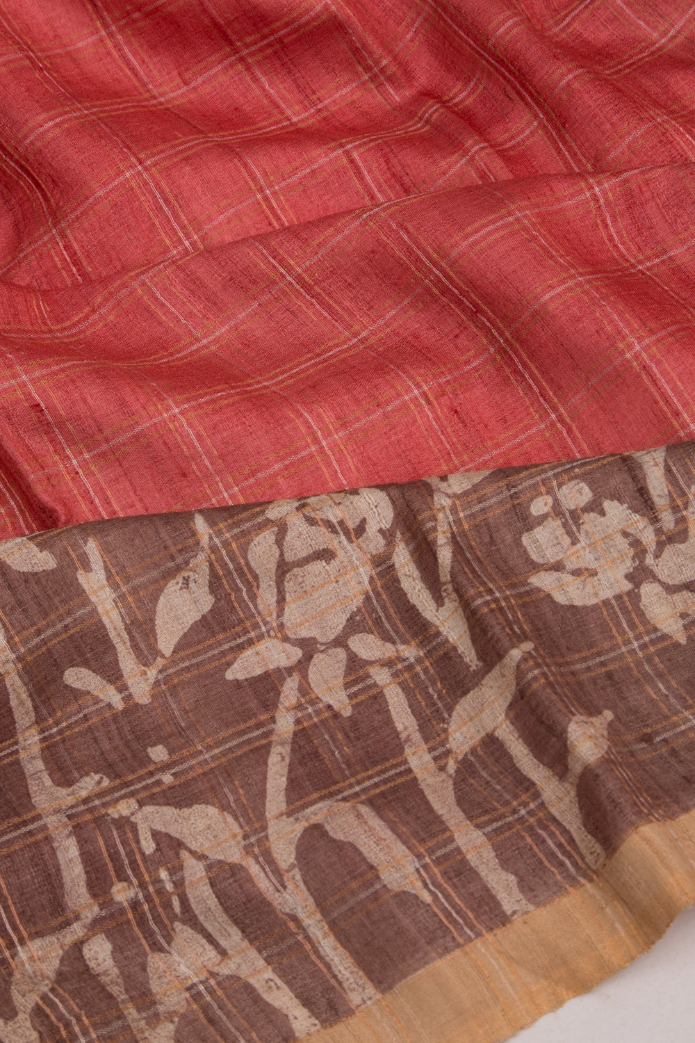 Tussar Checks Brick Red Saree