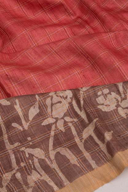 Tussar Checks Brick Red Saree