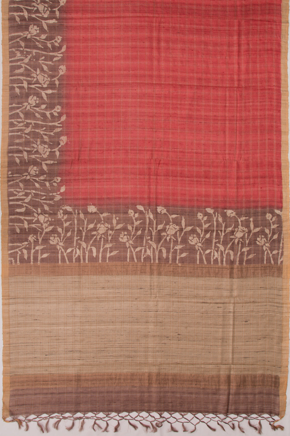 Tussar Checks Brick Red Saree