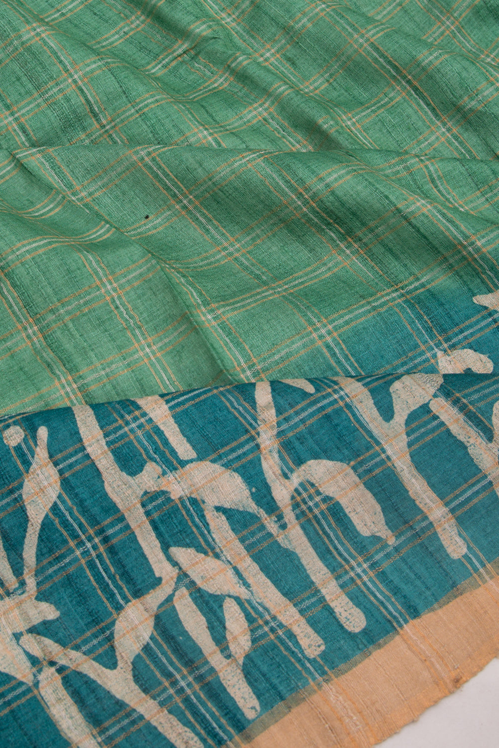 Tussar Checks Leaf Green Saree