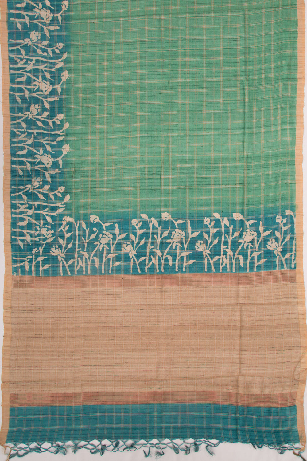 Tussar Checks Leaf Green Saree