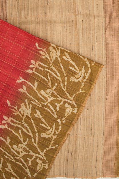 Tussar Checks Brick Red Saree