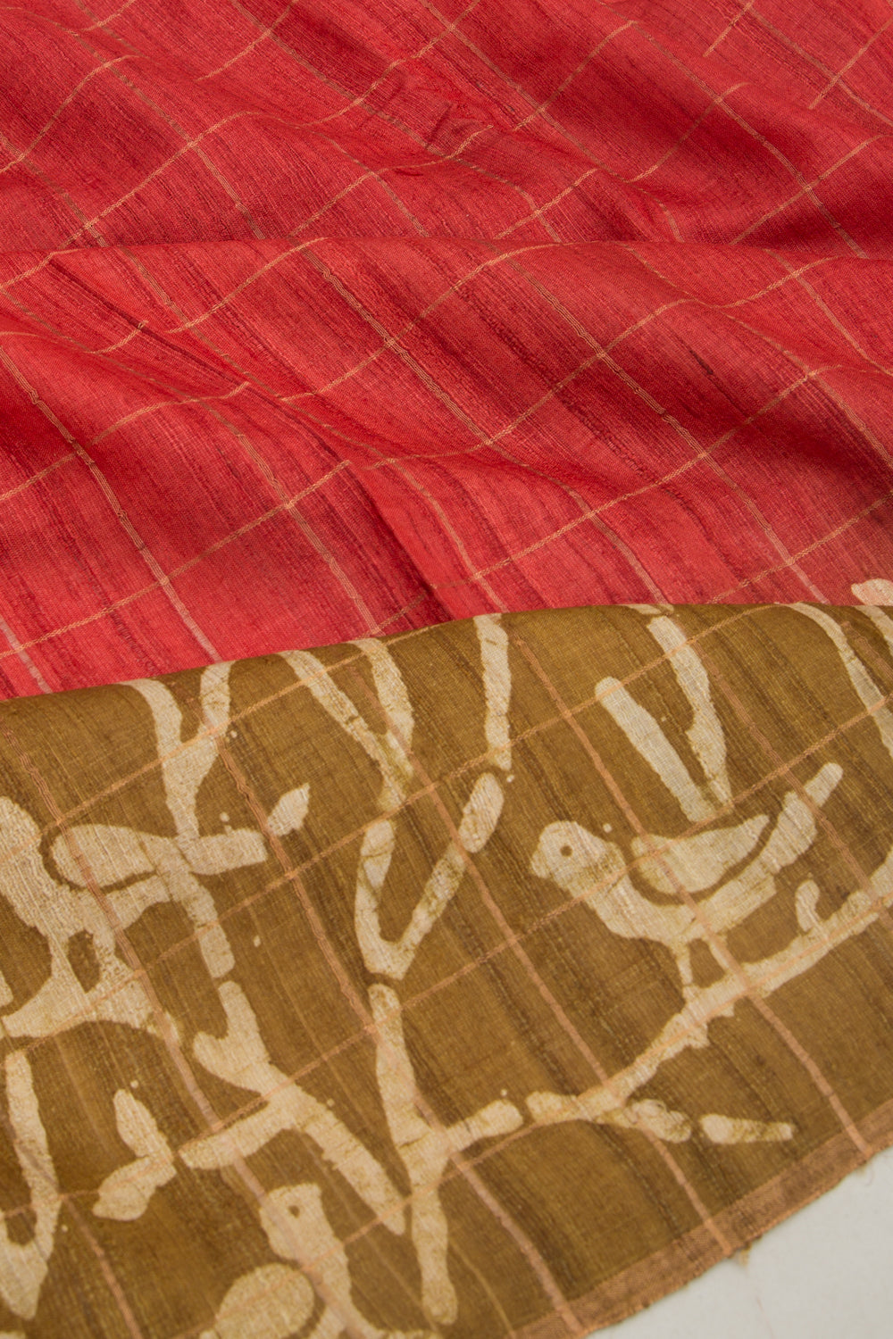 Tussar Checks Brick Red Saree