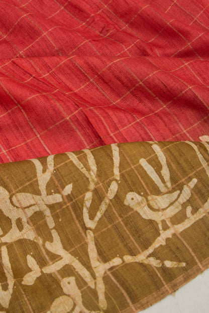 Tussar Checks Brick Red Saree