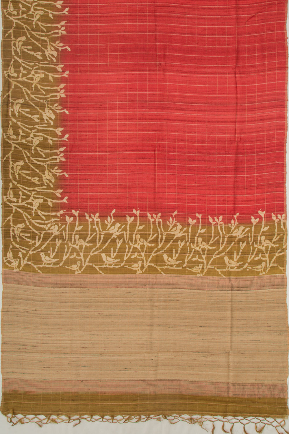 Tussar Checks Brick Red Saree