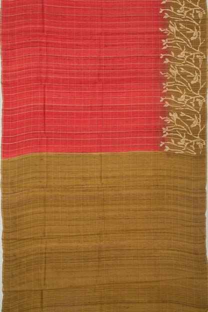 Tussar Checks Brick Red Saree
