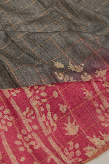 Tussar Checks Grey Saree