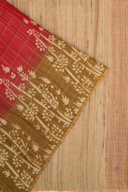 Tussar Checks Brick Red Saree