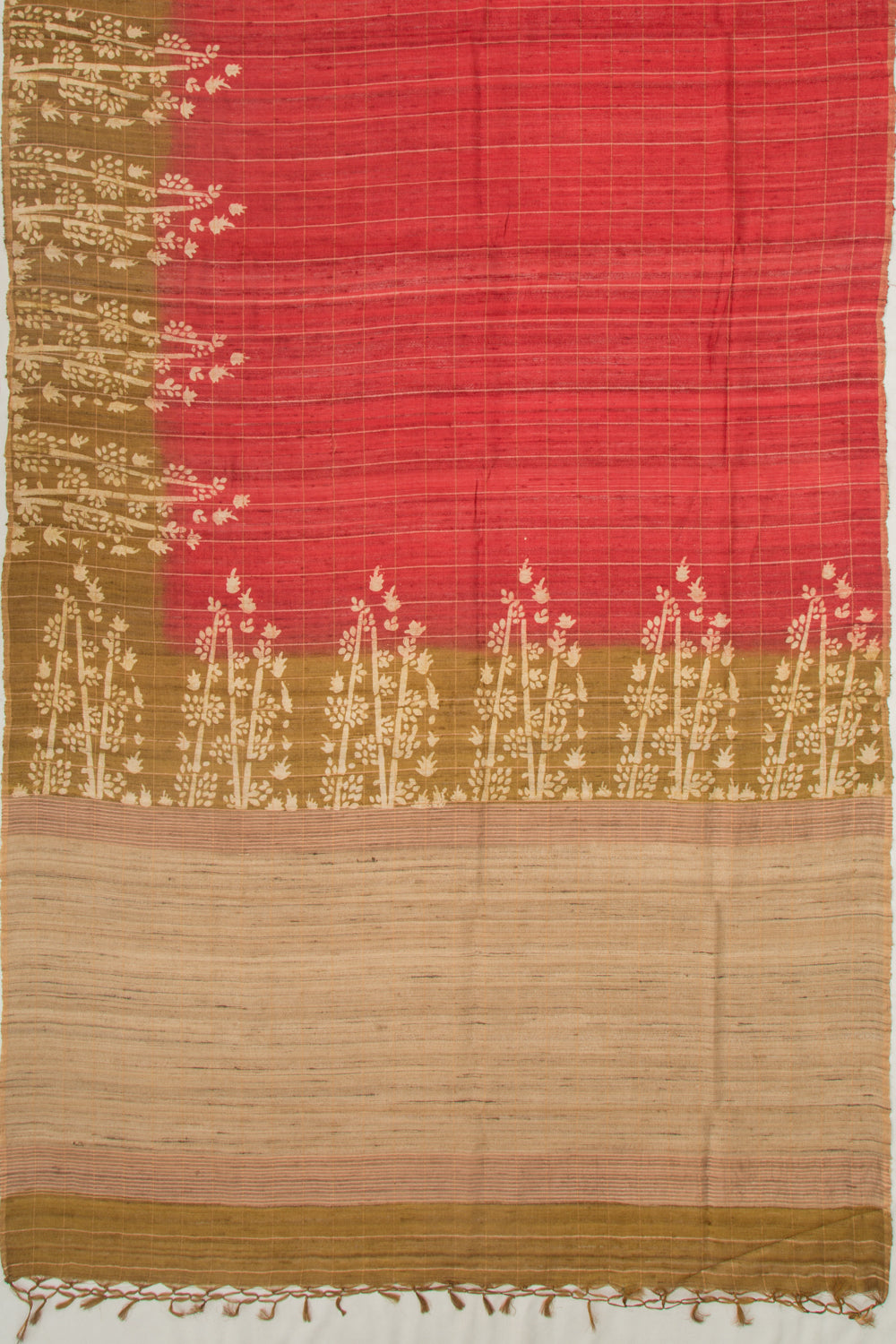Tussar Checks Brick Red Saree