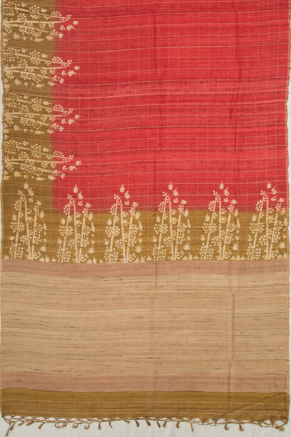 Tussar Checks Brick Red Saree