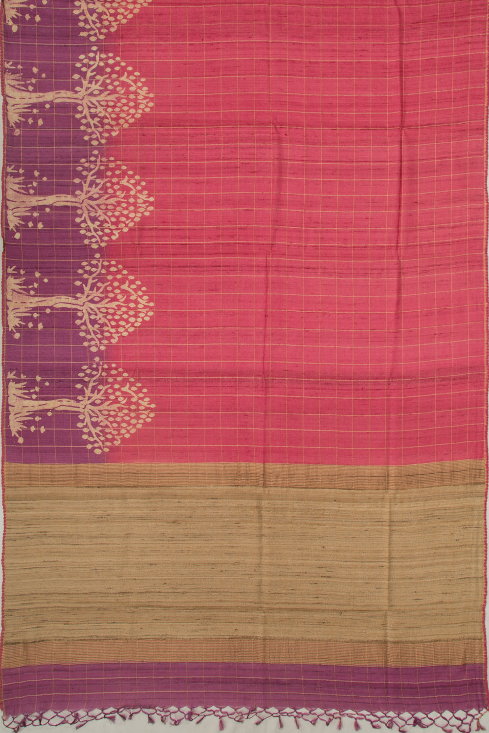 Tussar Checks Pink Saree