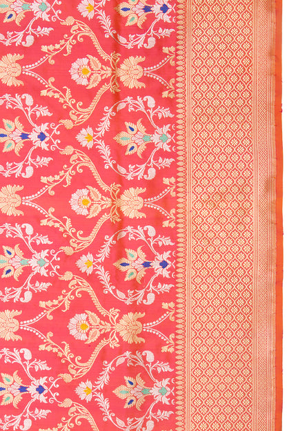 Banarasi Silk Jaal Dual Tone Pink And Orange Saree