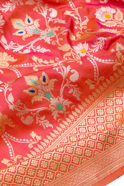 Banarasi Silk Jaal Dual Tone Pink And Orange Saree