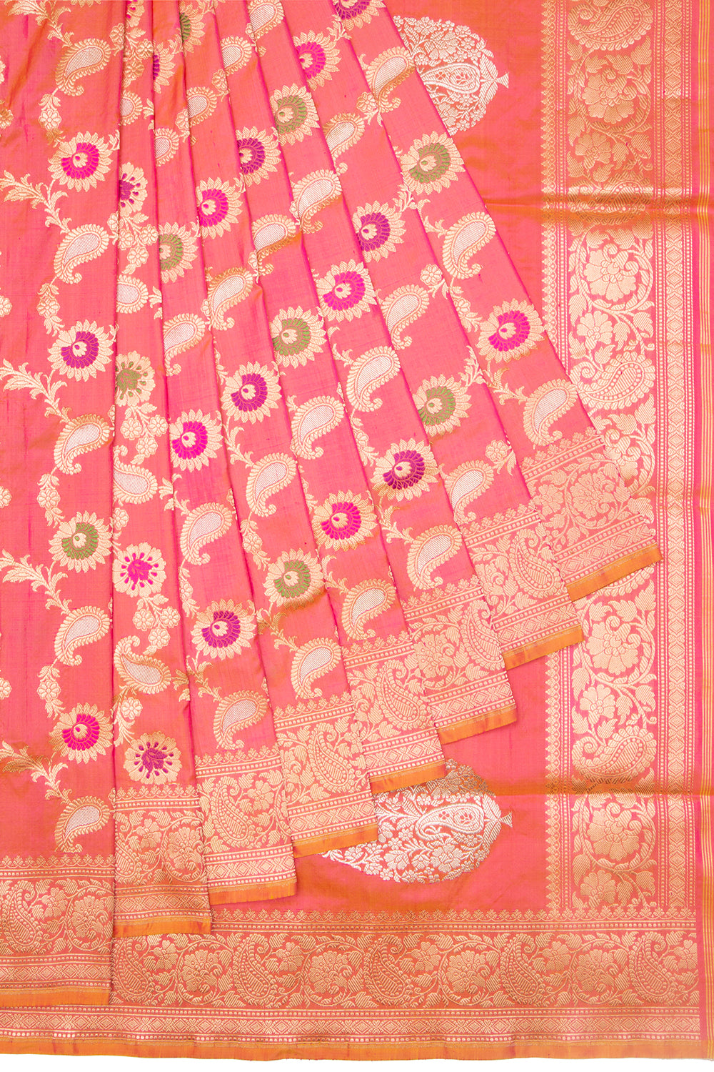 Banarasi Silk Jaal Dual Tone Pink And Orange Saree