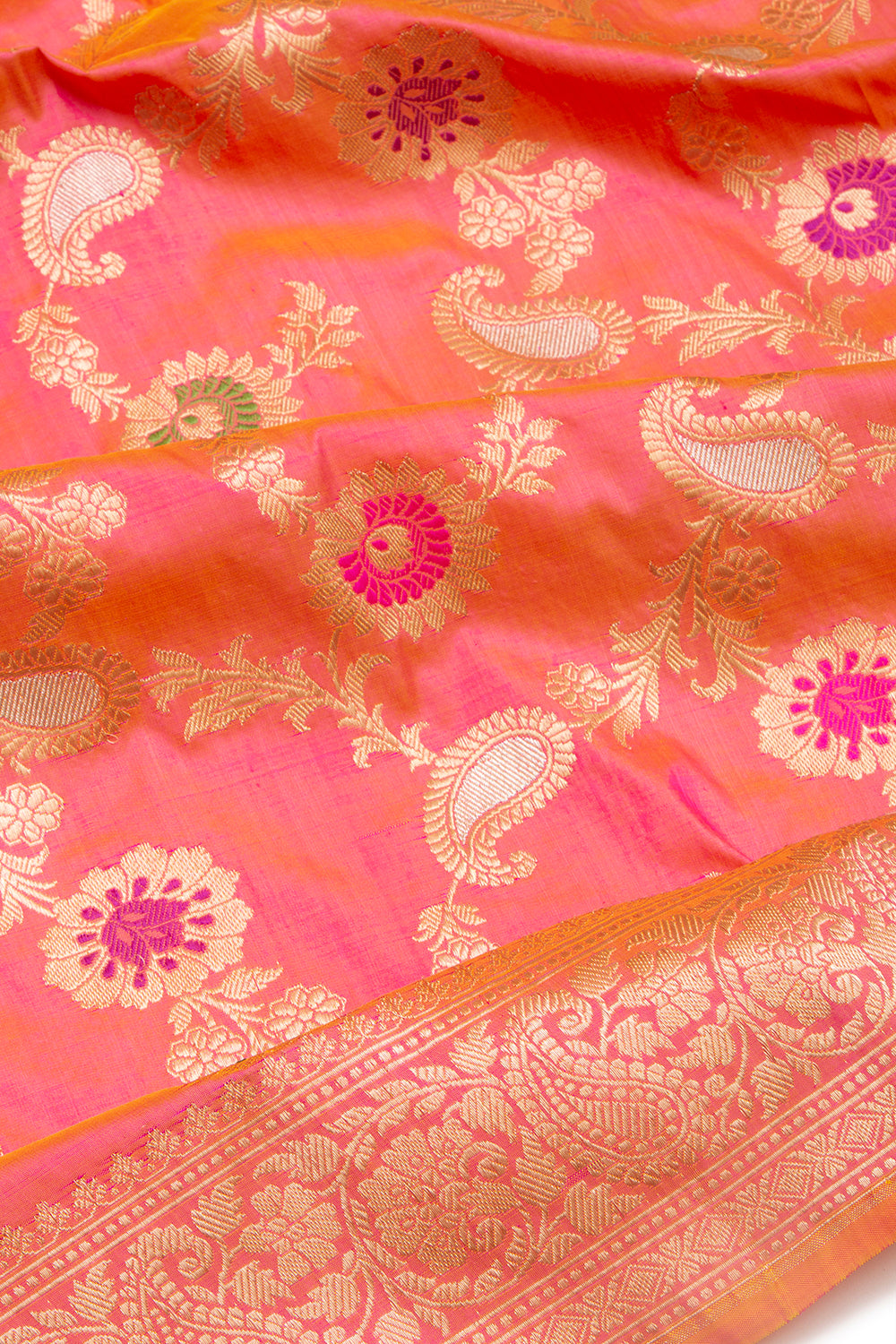 Banarasi Silk Jaal Dual Tone Pink And Orange Saree