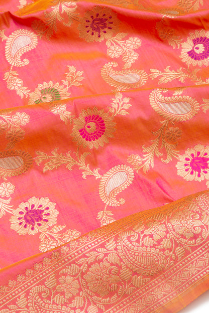 Banarasi Silk Jaal Dual Tone Pink And Orange Saree