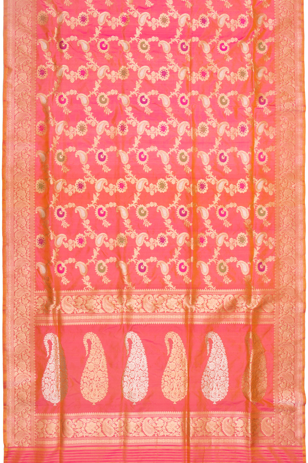 Banarasi Silk Jaal Dual Tone Pink And Orange Saree
