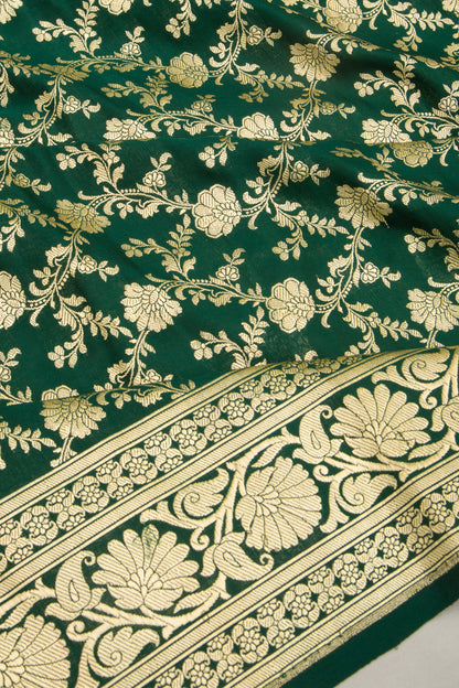 Banarasi Satin Silk Jaal Dark Green Saree