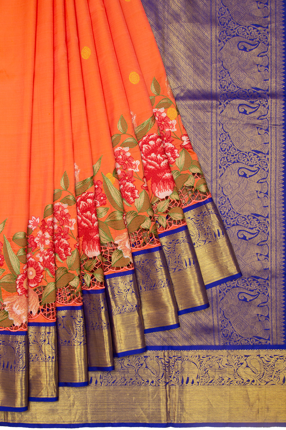 Kanchipuram Silk Butta Orange Saree With Cut Work
