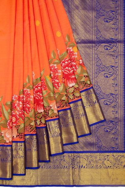 Kanchipuram Silk Butta Orange Saree With Cut Work