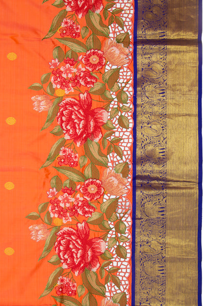 Kanchipuram Silk Butta Orange Saree With Cut Work