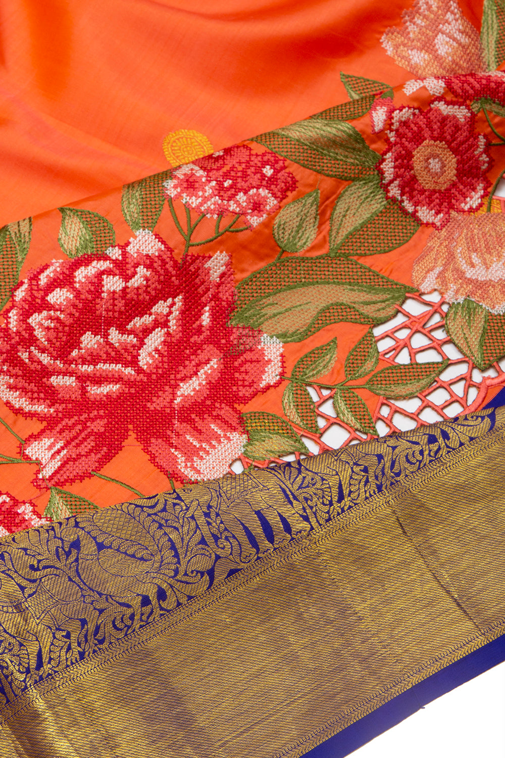 Kanchipuram Silk Butta Orange Saree With Cut Work