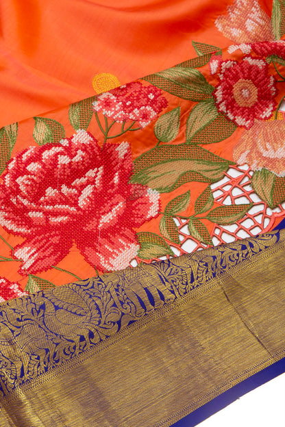 Kanchipuram Silk Butta Orange Saree With Cut Work