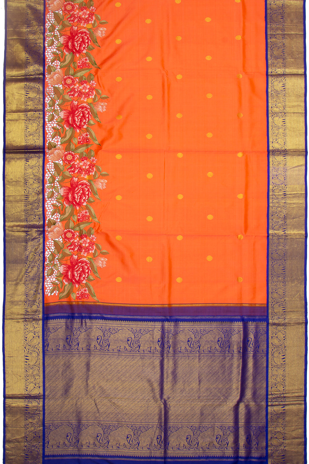 Kanchipuram Silk Butta Orange Saree With Cut Work
