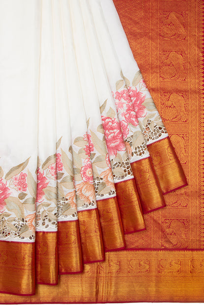 Kanchipuram Silk Plain White Saree With Cut Work