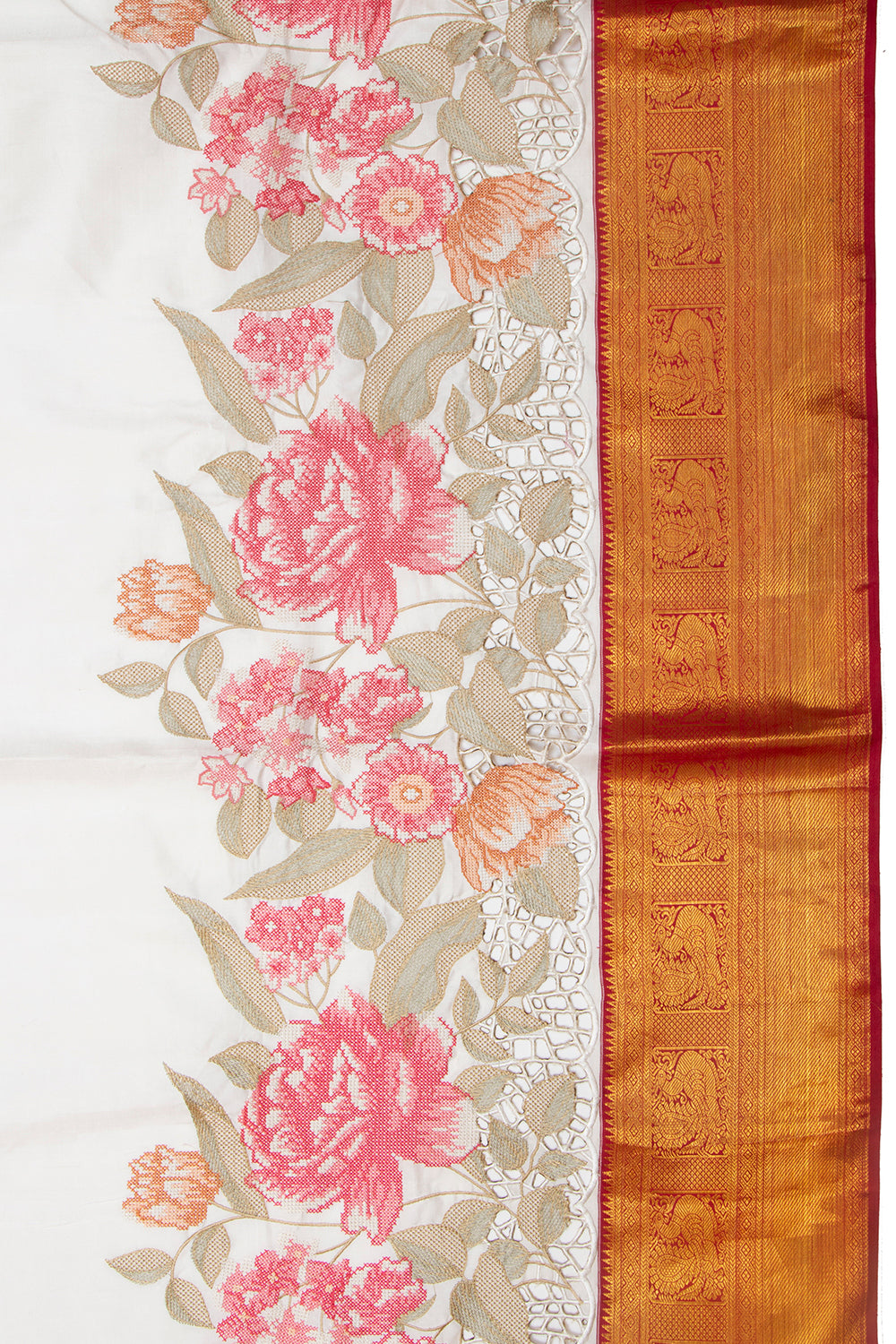 Kanchipuram Silk Plain White Saree With Cut Work
