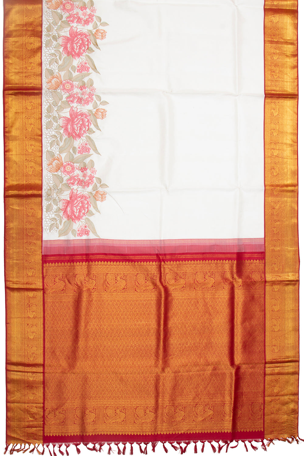 Kanchipuram Silk Plain White Saree With Cut Work