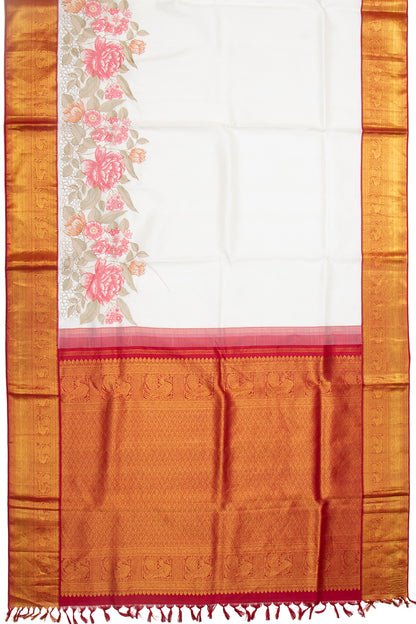Kanchipuram Silk Plain White Saree With Cut Work