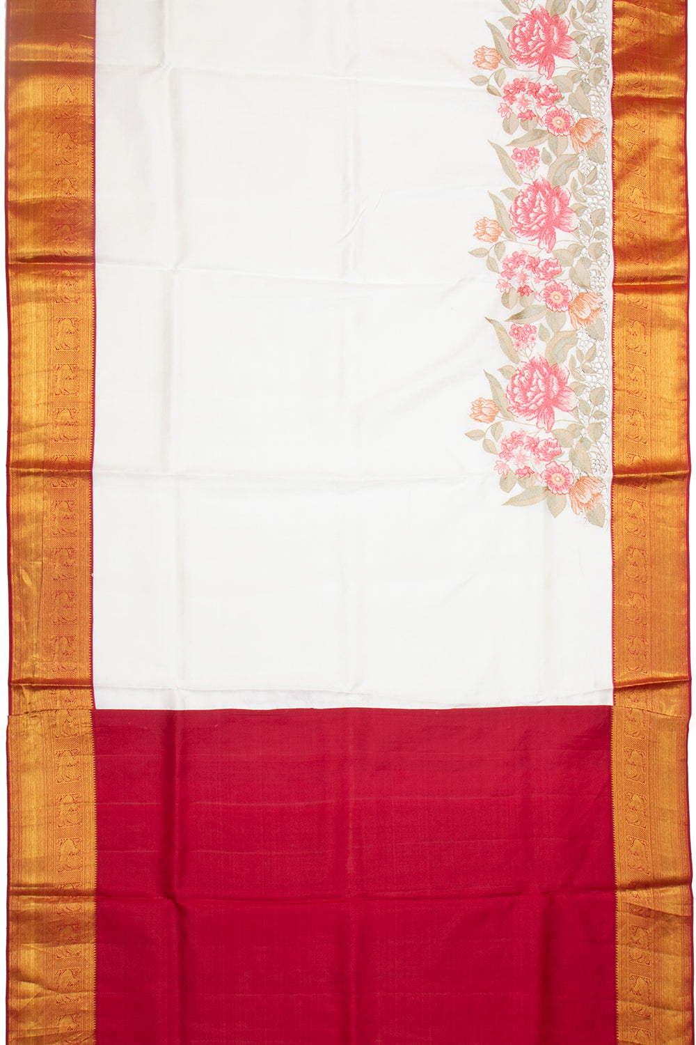 Kanchipuram Silk Plain White Saree With Cut Work