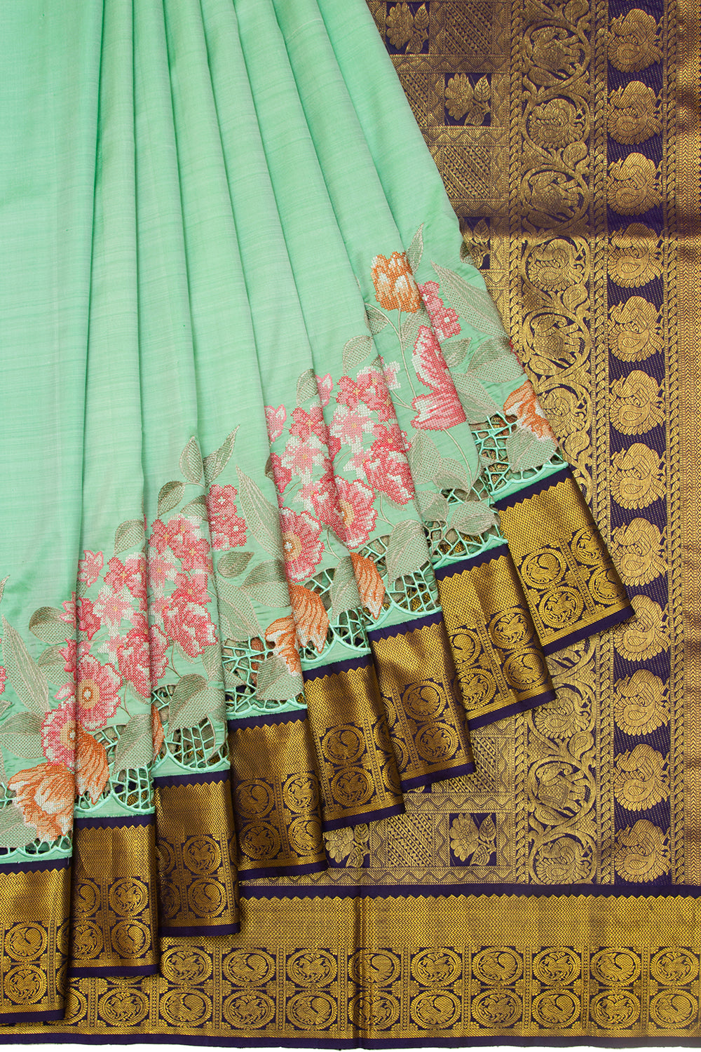 Kanchipuram Silk Plain Sea Green Saree With Cut Work