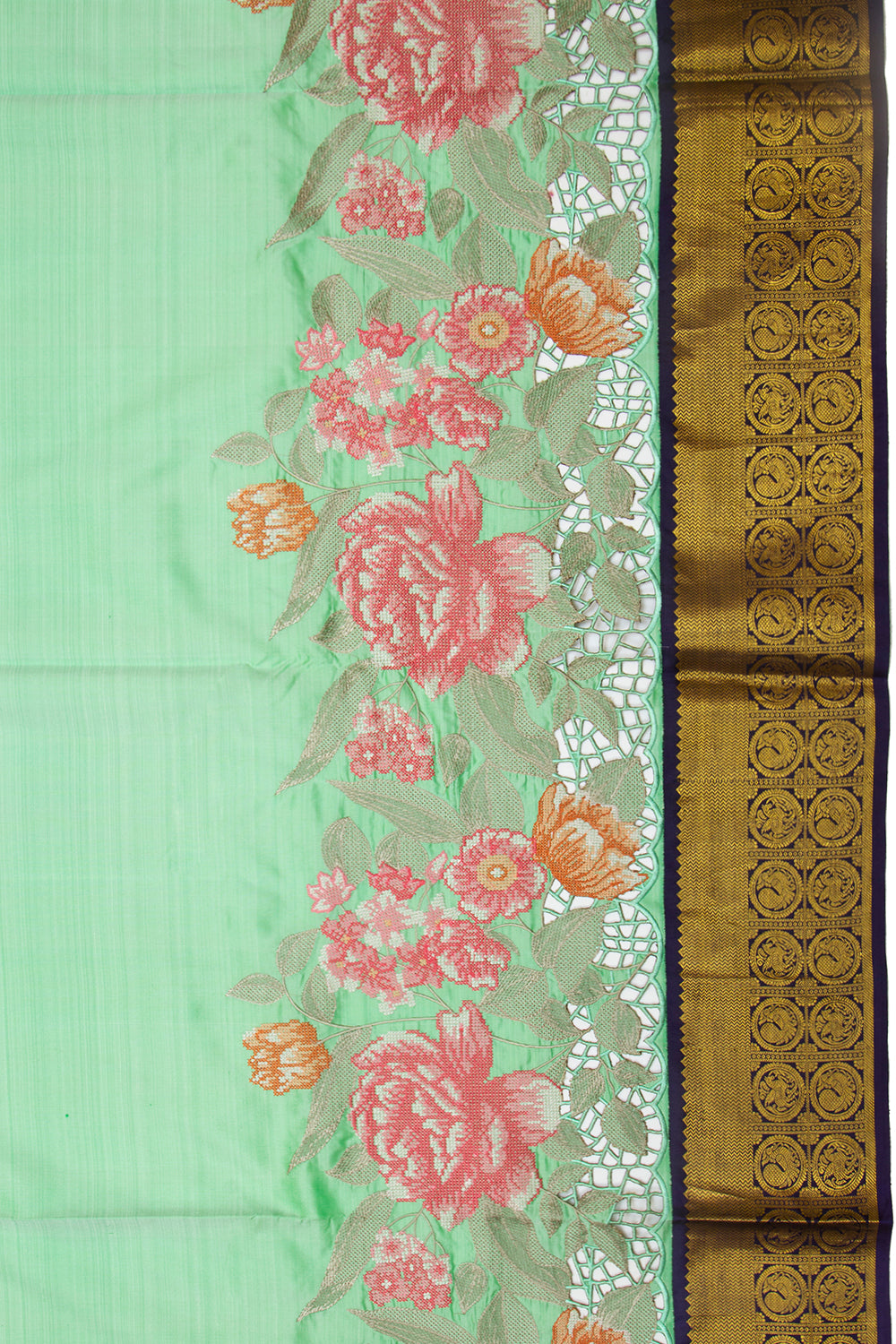 Kanchipuram Silk Plain Sea Green Saree With Cut Work