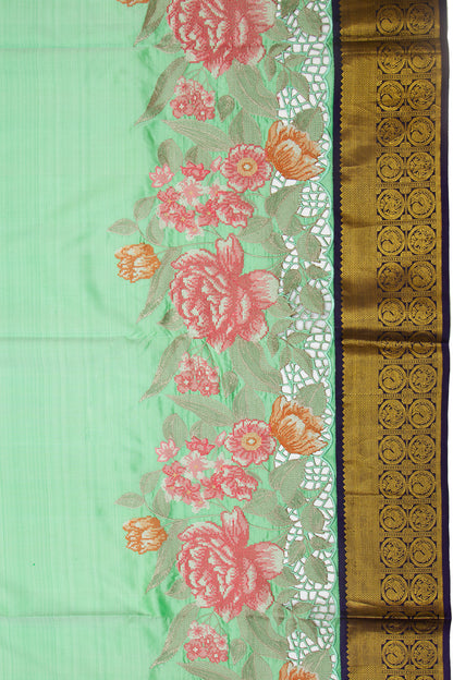 Kanchipuram Silk Plain Sea Green Saree With Cut Work
