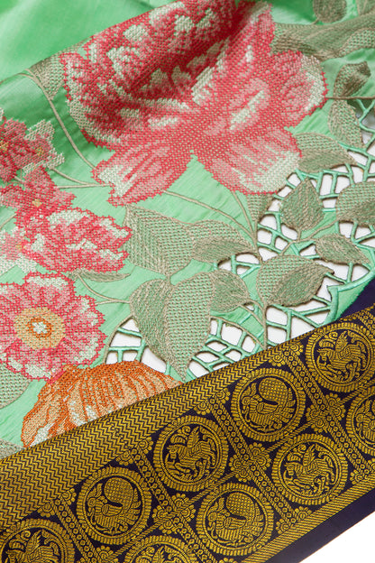 Kanchipuram Silk Plain Sea Green Saree With Cut Work