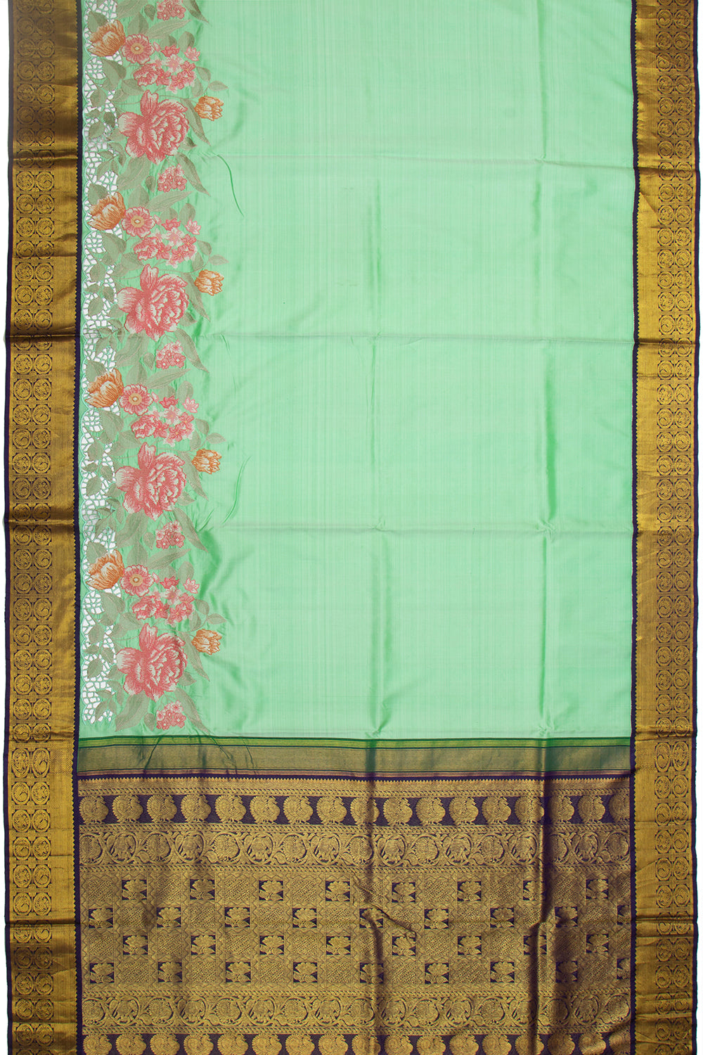 Kanchipuram Silk Plain Sea Green Saree With Cut Work