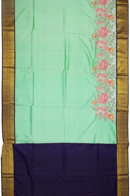 Kanchipuram Silk Plain Sea Green Saree With Cut Work