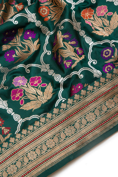 Banarasi Silk Kadwa Jaal Dark Green Saree