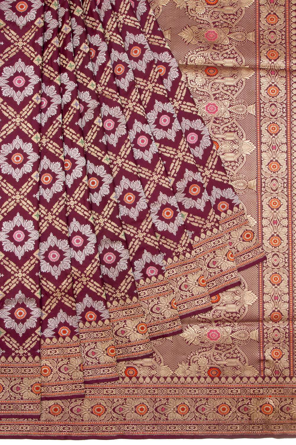 Banarasi Silk Kadwa Criss Cross Checks Maroon Saree